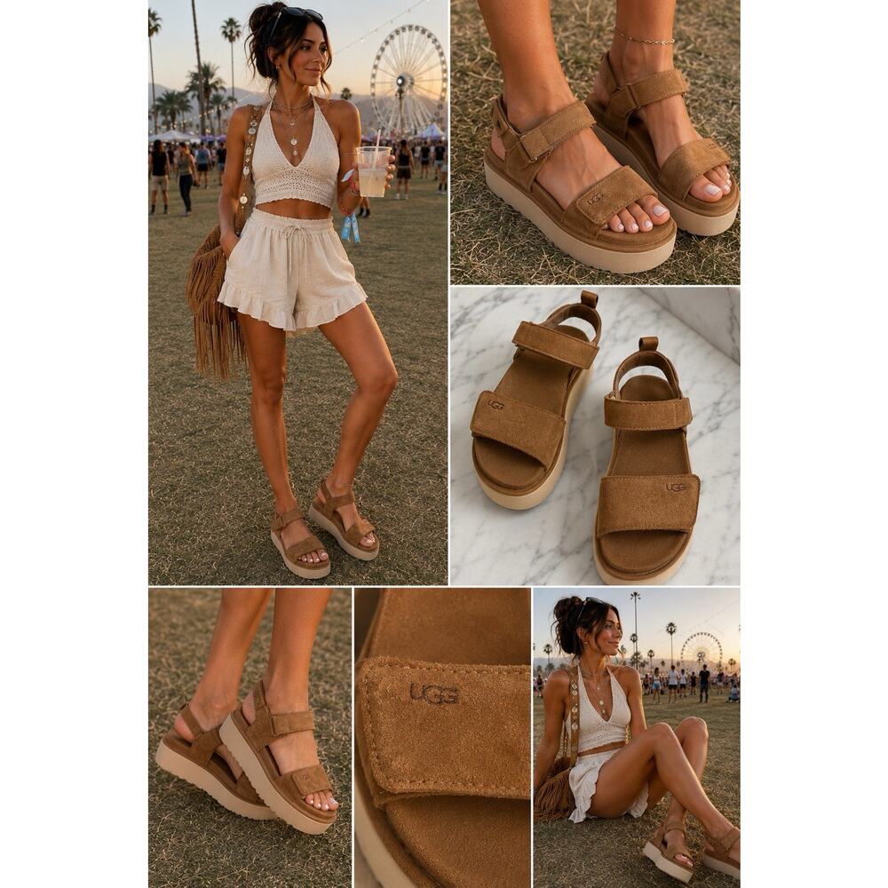 UGG Women 111794 Goldenstar Sandals Chestnut Suede Platform Comfort Slides US 11